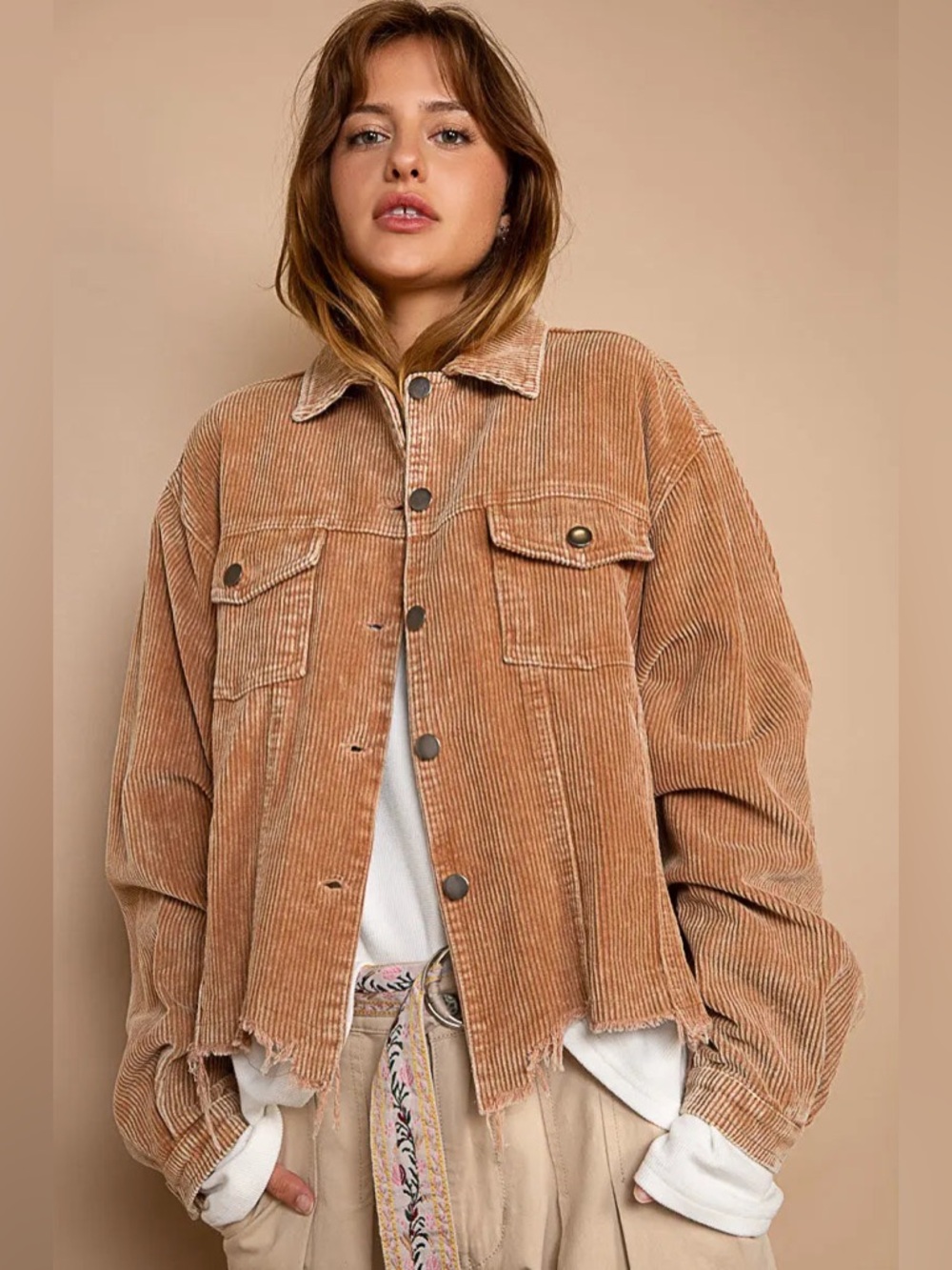 POL Clothing Love You a Latte Jacket - Cozy Corduroy Trucker Style in Teddy Bear - Picture 4 of 7
